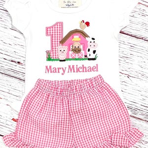 Barnyard Birthday Outfit: Pink Farm Animals Shirt, Ruffle Gingham Shorts, Any age image 3