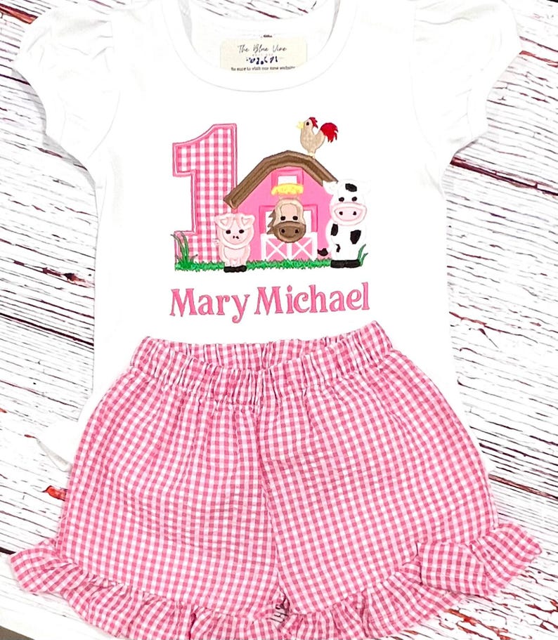 Barnyard Birthday Outfit: Pink Farm Animals Shirt, Ruffle Gingham Shorts, Any age image 3