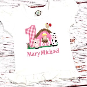 Barnyard Birthday Outfit: Pink Farm Animals Shirt, Ruffle Gingham Shorts, Any age image 4
