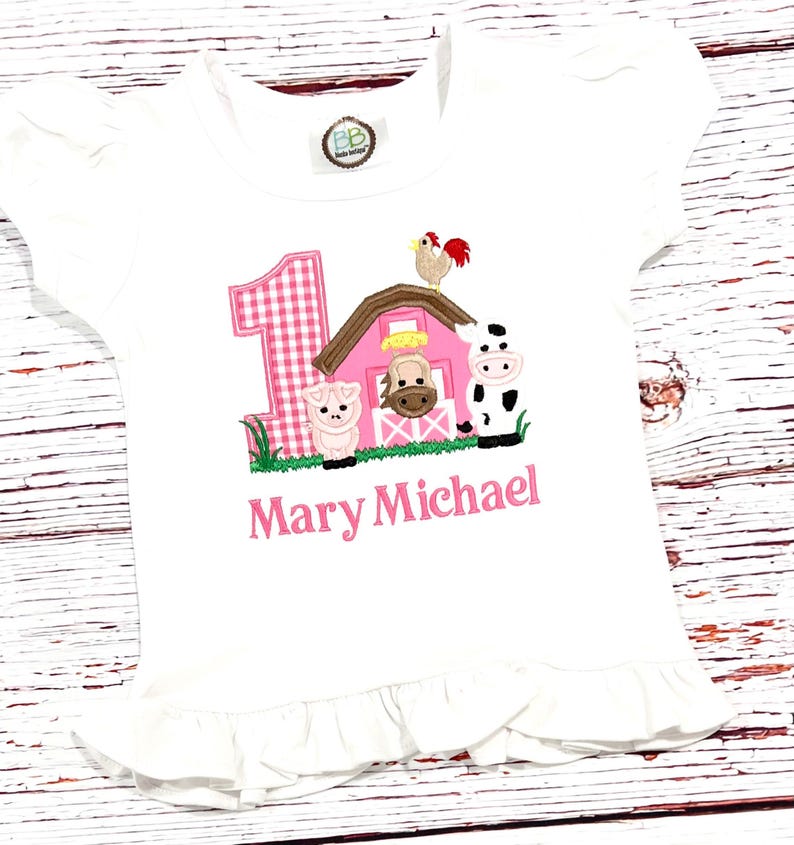 Barnyard Birthday Outfit: Pink Farm Animals Shirt, Ruffle Gingham Shorts, Any age image 4