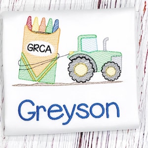 Personalized Tractor Back to School Shirt: Embroidered Crayon Design