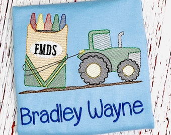 Tractor Crayons Back To School Shirt Embroidered and Personalized.