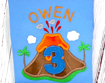 Embroidered Volcano 3rd Birthday Party Embroidered Shirt For Boy or Girl Co Birthday Party Age 1 2 3 4 5 6 7 8 9