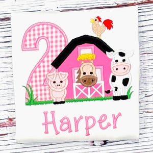 Girls Farm Birthday Shirt: Pink Barnyard Animal Outfit, Custom Age