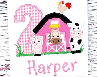 Girls Farm Birthday Shirt: Pink Barnyard Animal Outfit, Custom Age