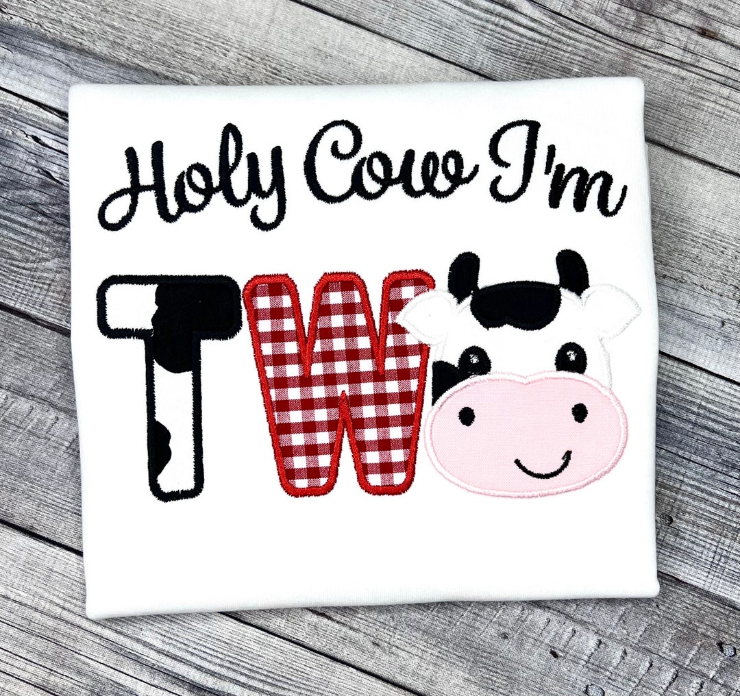 Holy Cow Im 2 Boy or Girl Embroidered Farm Animal Birthday Party Shirt 