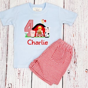 Boys Farm Birthday Outfit: Barnyard Animals Shirt & Gingham Shorts