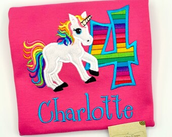 Embroidered Rainbow Unicorn 4th Birthday Shirt