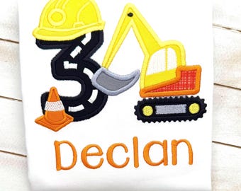Construction Excavator 3rd Birthday Shirt For Boy or Girl Embroidered Digger Party Shirt