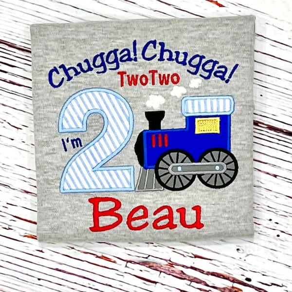 Train Birthday Shirt For Boy or Girl Chugga Chugga I'm TWO Steam Engine Birthday Party, Embroidered Locomotive Train 2nd Birthday Shirt