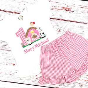 Barnyard Birthday Outfit: Pink Farm Animals Shirt, Ruffle Gingham Shorts, Any age image 2