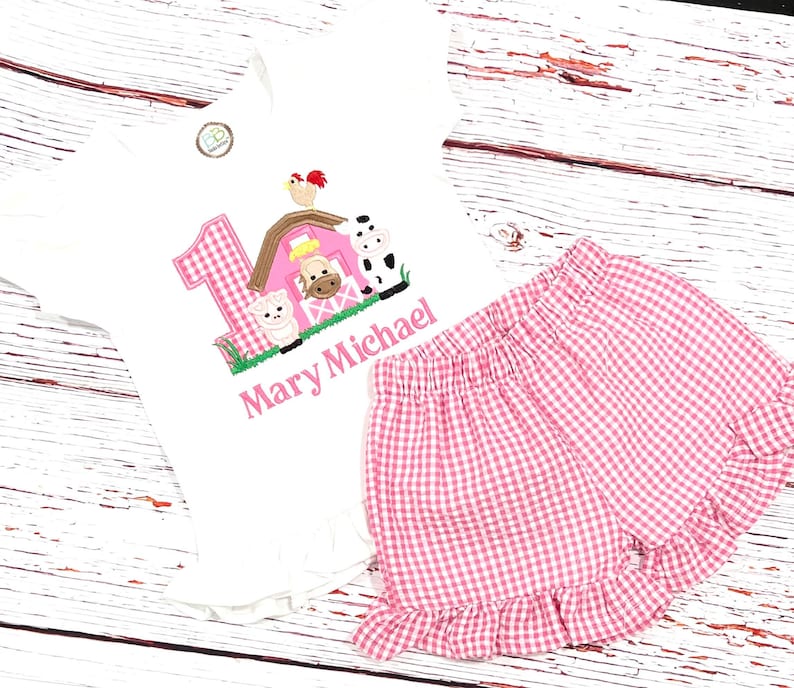 Barnyard Birthday Outfit: Pink Farm Animals Shirt, Ruffle Gingham Shorts, Any age image 2