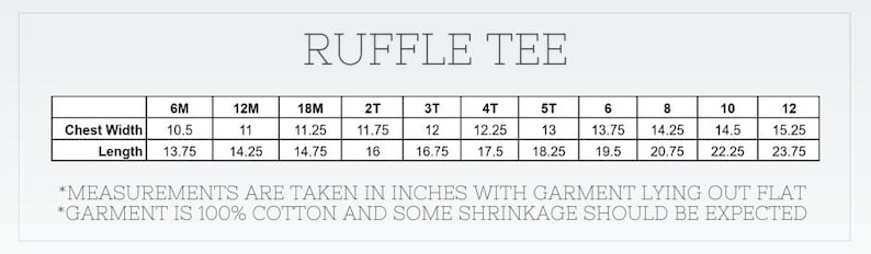 May include: A white chart with the text "RUFFLE TEE" at the top. The chart displays chest width and length measurements in inches for sizes 6M to 12. The text at the bottom states measurements are taken in inches with the garment lying flat.