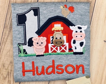 Boys Red Barnyard Birthday Party Shirt For Boy or Girl Farm Animals 1st Birthday Party Adorable Embroidered Barnyard Farm First Birthday