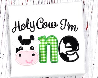 Holy Cow I’m ONE  Birthday Shirt Boys Holy Cow Embroidered Farm Birthday Girls Holy Cow I’m 1 Farm Animal Birthday