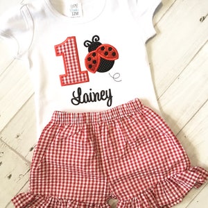 Embroidered Ladybug 1st Birthday Shirt With Adorable Matching Ruffle Gingham Shorts, Girls Ladybug 2nd Birthday Shirt