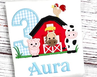 Barnyard Farm Animal Embroidered 3rd Birthday Party Shirt For Boys or Girls age 1 2 3 4 5 6 7 8 9