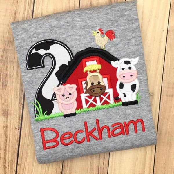 Barnyard Farm Animals 2nd Birthday Party Shirt Personalized Embroidered Boy or Girl Age 1 2 3 4 5 6 7 8 9
