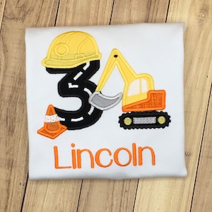 Construction Excavator 3rd Birthday Shirt For Boy or Girl Embroidered Digger Party Shirt