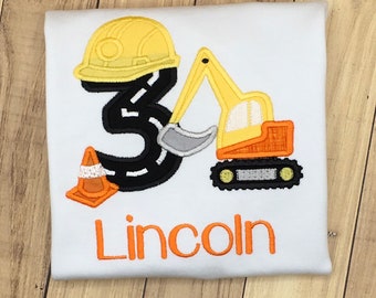 Construction Excavator 3rd Birthday Shirt For Boy or Girl Embroidered Digger Party Shirt