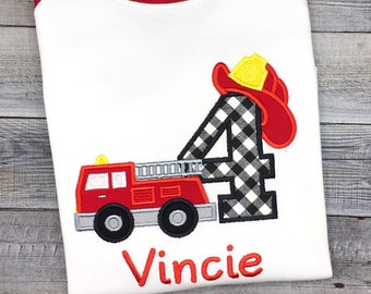 Fire Truck 4th Birthday Party Shirt, Personalized Fire Fighter Embroidered 3rd Birthday Shirt For Boy or Girl Age 1 2 3 4 5 6 7 8 9