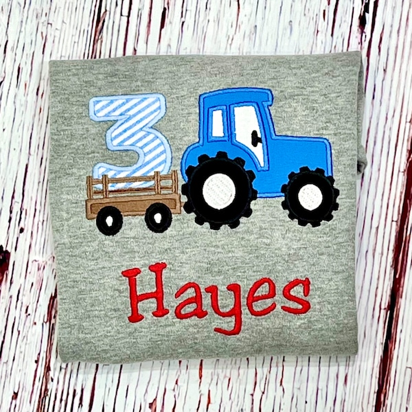 Blue Tractor 3rd Birthday Party Shirt, Embroidered Tractor Pulling Wagon Age Number Shirt Ages 1 2 3 4 5 6 7 8 9