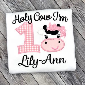 Girls Embroidered Cow Birthday Shirt: Farm Animal Party, Age 1