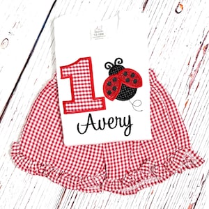 Personalized Ladybug 1st Birthday Outfit: Red Gingham Ruffle Shorts Set