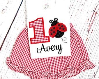 Personalized Ladybug 1st Birthday Outfit: Red Gingham Ruffle Shorts Set