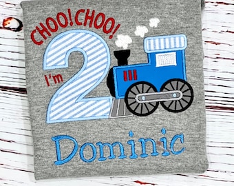 Train Birthday Shirt For Boy or Girl  Choo Choo I'm TWO Steam Engine Birthday Party, Embroidered Locomotive Train 2nd Birthday Shirt