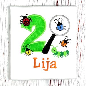 May include: White embroidered shirt featuring a large green number 2 with various colorful insect designs. A magnifying glass with a blue insect is present. The name "Lija" is embroidered in orange. The shirt is likely for a child's birthday.