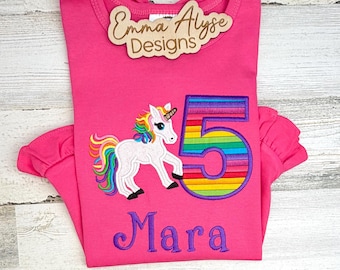 Personalized Embroidered Rainbow Unicorn Birthday Shirt, Custom Name Age