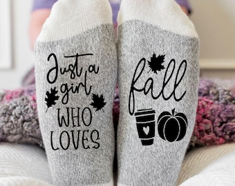 Just A Girl Who Loves Fall Socks, Funny Autumn Socks for Women, Pumpkin Spice Coffee Socks,  Fall Gift for Her,  Cozy Novelty Socks