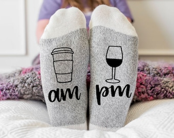 Coffee AM Wine PM Socks, gift for her, Socks with sayings, women's socks, funny socks, wine socks, coffee socks