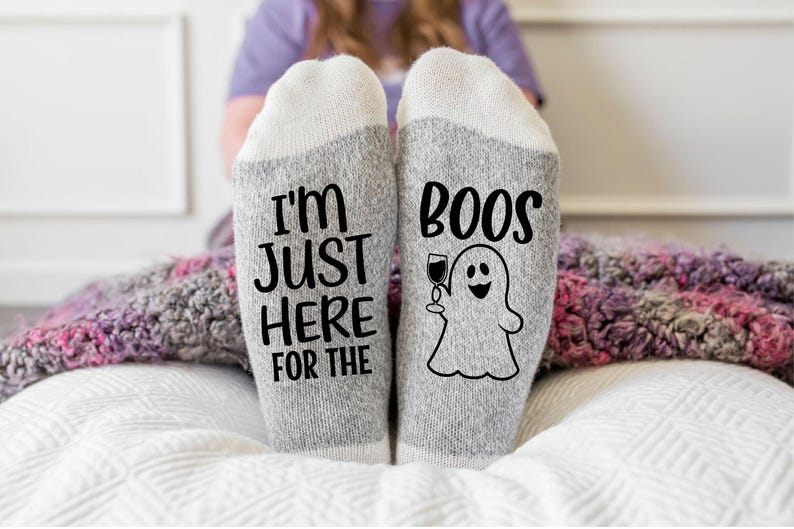 Funny Halloween Socks, I'm Just Here For The Boos , Wine Lover Gift, Ghost themes Halloween Socks, Halloween costume accessory image 1