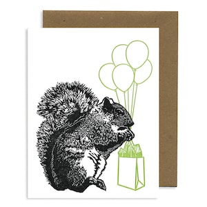 Squirrel Birthday Linocut Letterpress CARD