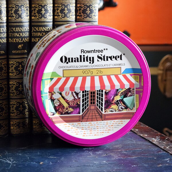 Rowntree Quality Street Chocolate and Caramel Tin - English and French Language - 2lbs Capacity - Vintage Chocolate Tin