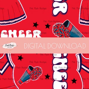 May include: Red background with white "CHEER" text, black stars, and cheerleading elements. Includes pom-poms, megaphones, and cheerleading uniforms. The words "DIGITAL DOWNLOAD" are also present.