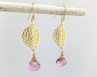 Mystic Pink Topaz AAA Genuine Teardrops Crown Wrapped w/ 14k Gold Filled Wire on a Woven Earrings/Nov Birthstone