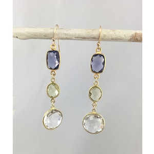 Multi Quartz Faceted AAA Bezeled 22k Gold Vermeil Links (Amethyst, Lemon Quartz, Clear Quartz) Fancy Statement Earrings-April Birthstone
