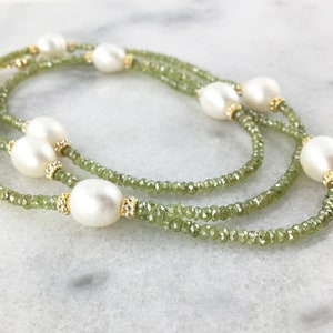 Mystic Green Quartz Faceted AAA Genuine Rondelles w/ Fresh Water Baroque Pearls w/ Two Tone Sterling Silver & Gold Vermeil Beads Necklace