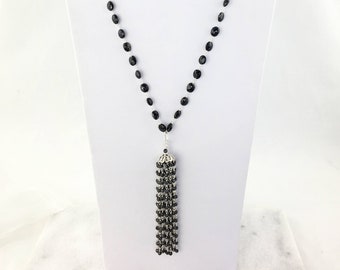 Black Spinel AAA Faceted Ovals/Rounds & 925 Sterling Silver Tassel Long Statement Necklace