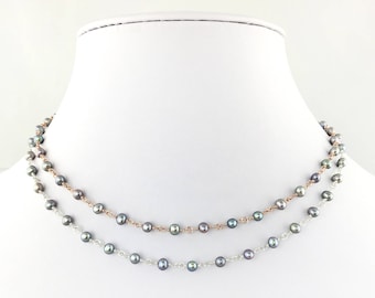 Silver Peacock Freshwater Pearls Natural Genuine Wire Wrapped with 14k Rose Gold Filled Wire or Sterling Silver - Necklace and Bracelet