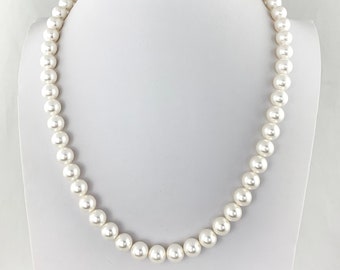 White Mother of Pearl (Shell) Smooth Round Beaded Necklace w/ 925 Sterling Silver Clasp Statement Necklace