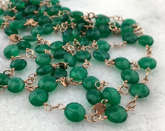 Green Onyx Faceted AAA Flat Round Disc Coins Wrapped w/ 14k Rose Gold Filled Wire Long Statement Necklace-May Birthstone/7th Ann Gem