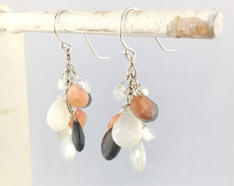 Moonstone AAA Multi-Colored Faceted Briolettes W/ 925 Sterling Siver Wire Fringe Cluster Dangle Earrings