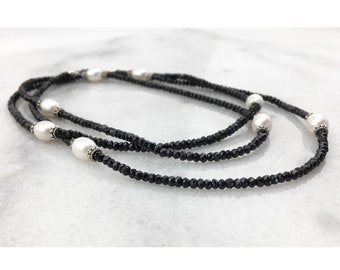 Black Spinel AAA Rondelles & Fresh Water Cultured Pearls w/ 925 Sterling Silver Beads Long Statement Necklace-June Birthstone