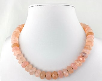 Pink (Salmon) Chalcedony Faceted Natural Rondelles & 925 Sterling Silver Collar Statement Necklace