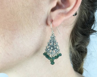 Green Apatite Rare Natural Genuine Faceted Exotic Rondelles Wrapped w/ 925 Sterling Silver Chandelier Statement Earrings