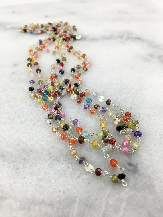 Cubic Zirconia (CZs aka American Diamonds) Faceted Multi-Colored Wrapped with 925 Sterling Silver Wire-Long Layering Necklace